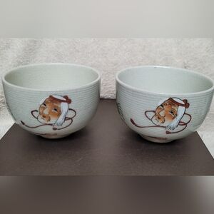 Vintage Japanese Rice Bowls with Faces and Japanese Script